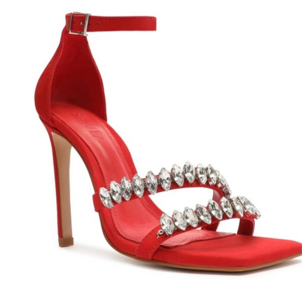 New SCHUTZ Linsey Red Suede Nubuck Rhinestone Sandals Heels Shoes 5